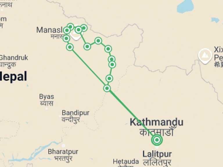 Map of 19-Day Kathmandu Tour with 15 destination visits for the trip: Manaslu Around Trek