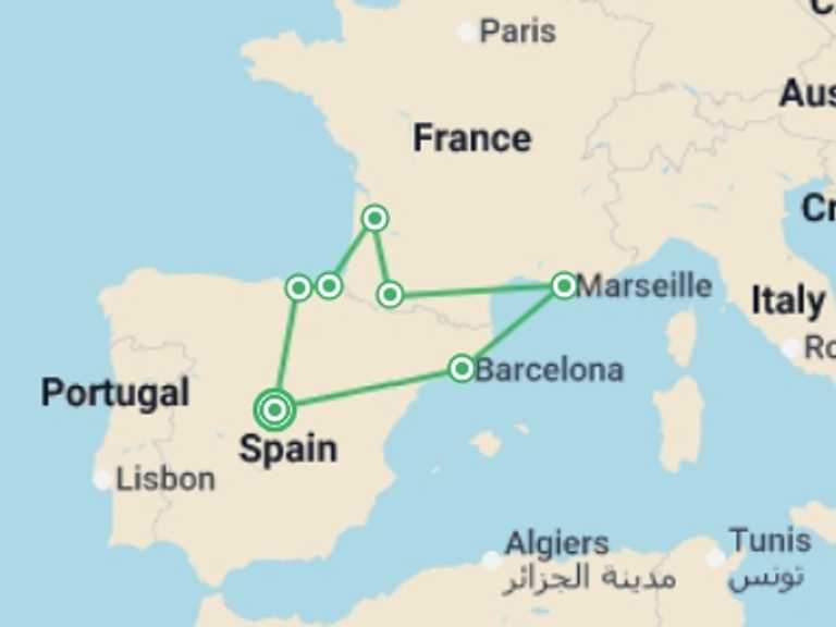 Map itinerary of Barcelona Tour in March 2026 with 7 destination visits for the trip: Madrid, Basque Country, Lourdes, Provence and Barcelona