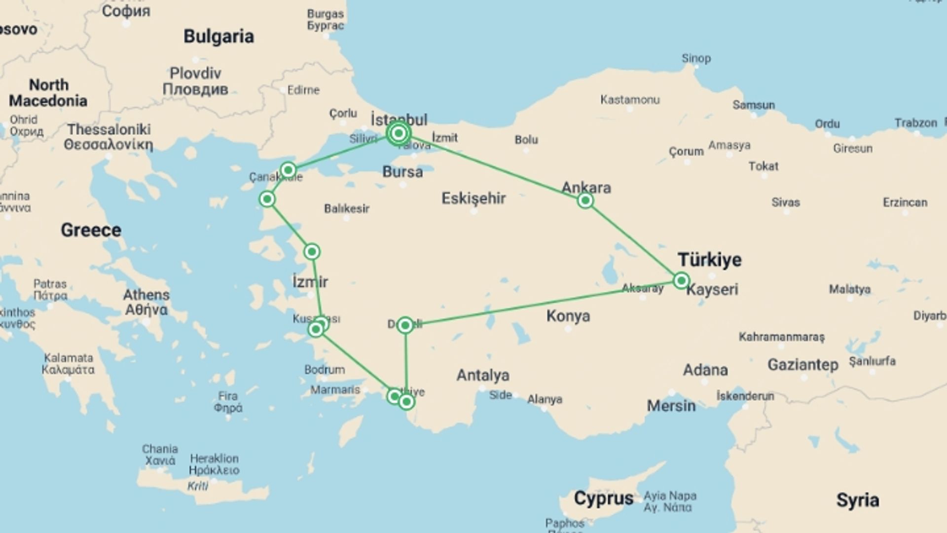 A map showing the tour itinerary for the trip: The Aegean Legacy, starting in Istanbul, Turkey and ending in Istanbul, Turkey going through 7 other destinations.