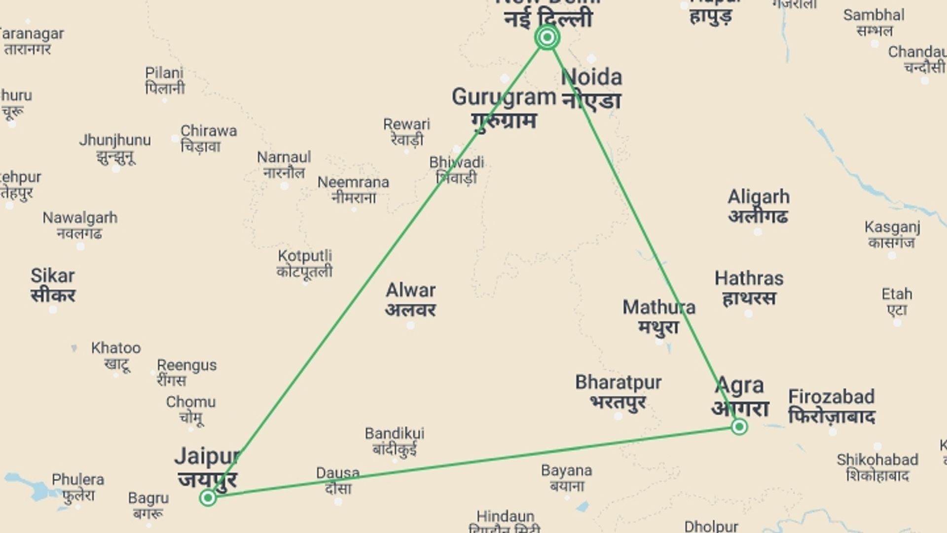 A map showing the tour itinerary for the trip: 6 Day Golden Triangle Tour from Delhi, starting in New Delhi, India and ending in New Delhi, India going through 2 other destinations.