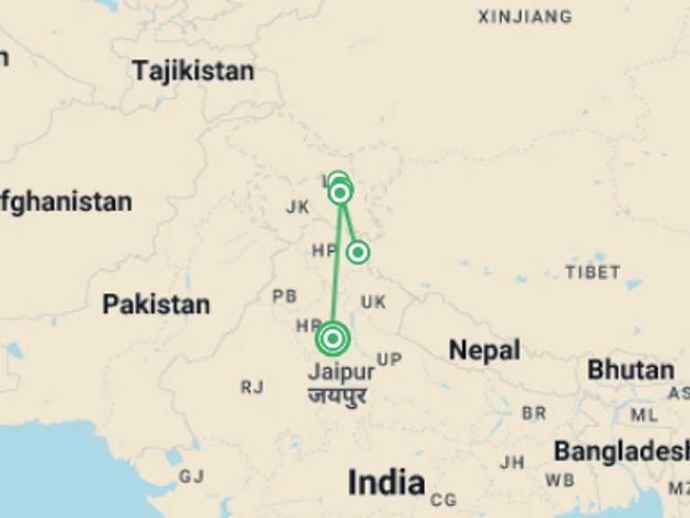 Map of South Asia Tour with 5 destination visits for the trip: Ladakh: Nubra Valley Trek