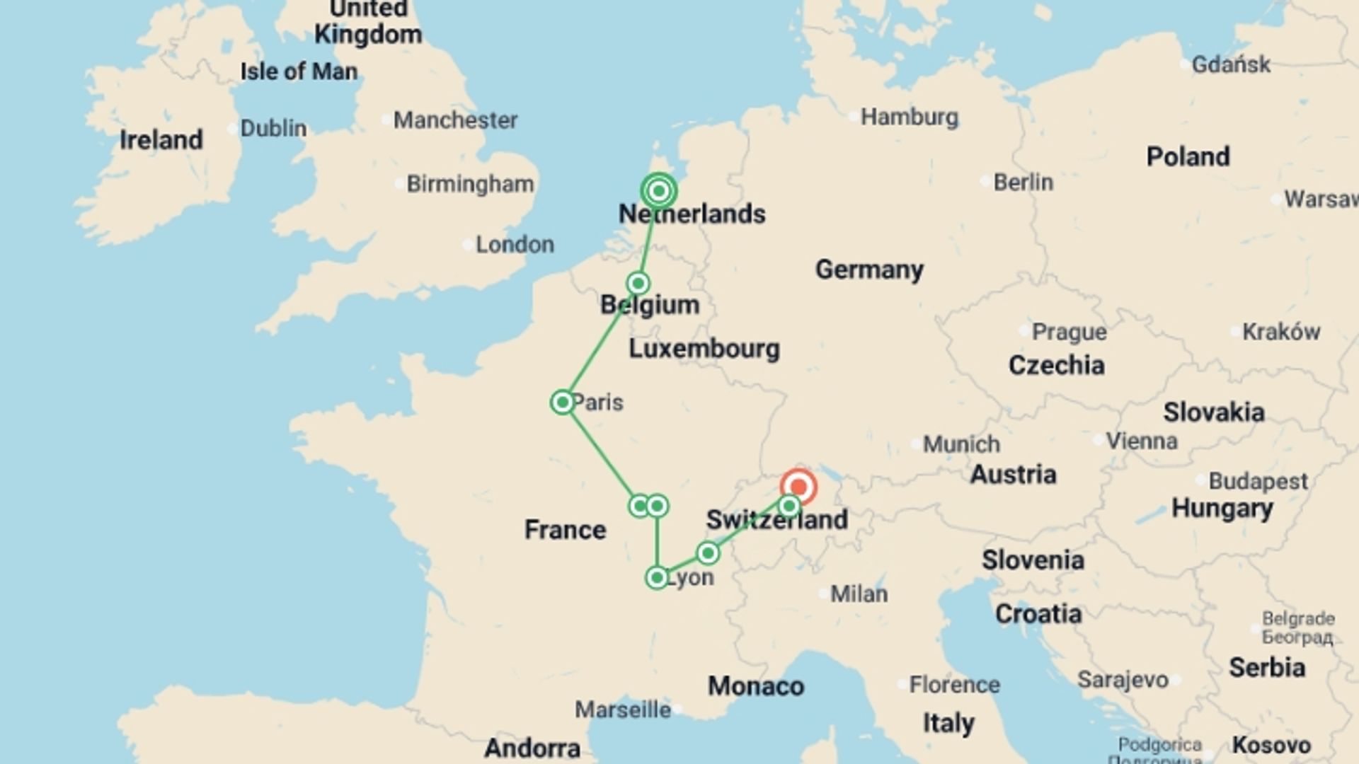A map showing the tour itinerary for the trip: Charming Cities, starting in Amsterdam, Holland and ending in Zurich, Switzerland going through 2 other destinations.