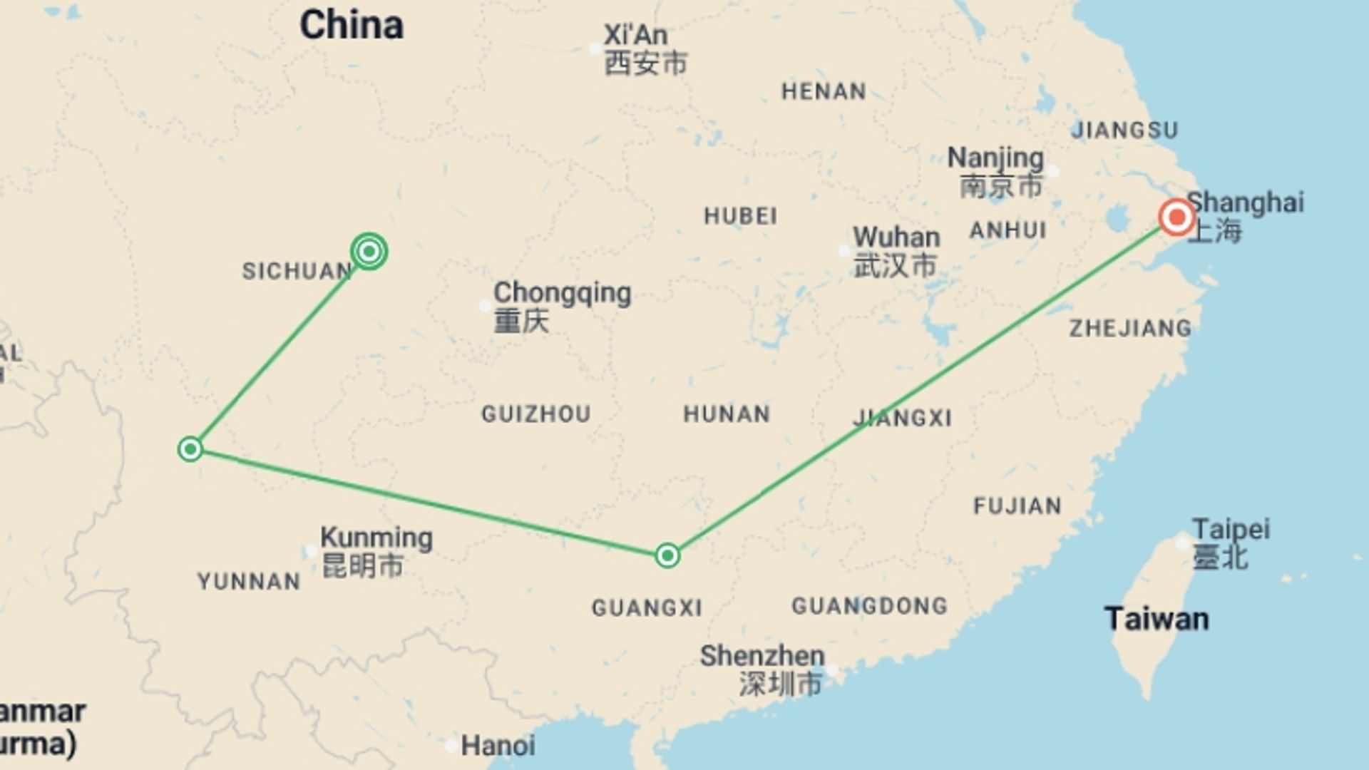 A map showing the tour itinerary for the trip: Signature: Southwest China from Shangri-La to Shanghai, starting in Chengdu, China and ending in Shanghai, China going through 2 other destinations.