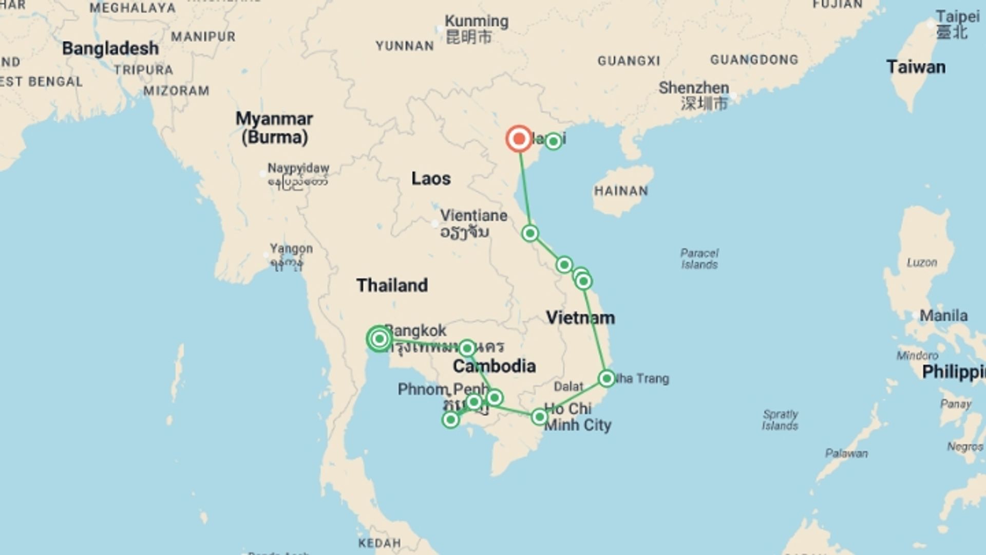 A map showing the tour itinerary for the trip: Cambodia to Vietnam: Night Markets & Noodle-Making, starting in Bangkok, Thailand and ending in Hanoi, Vietnam going through 11 other destinations.