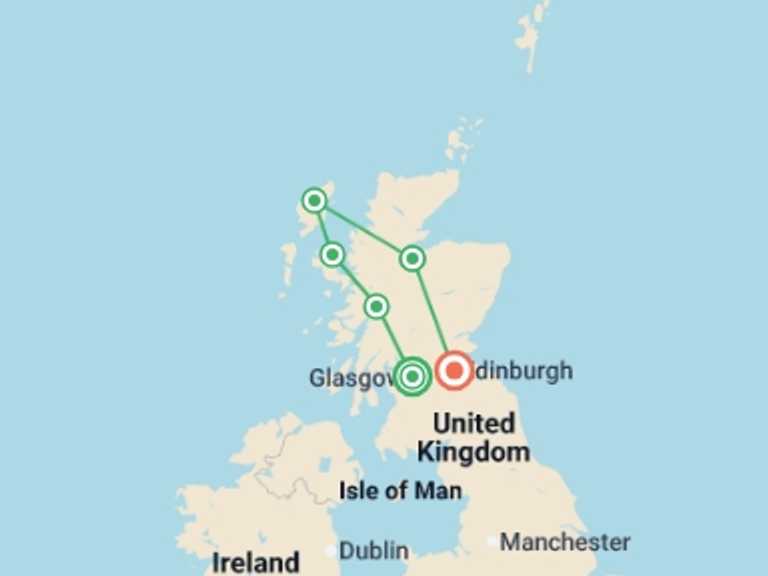 Map of a City sightseeing Tour with 6 destination visits for the trip: Highlights of Scotland