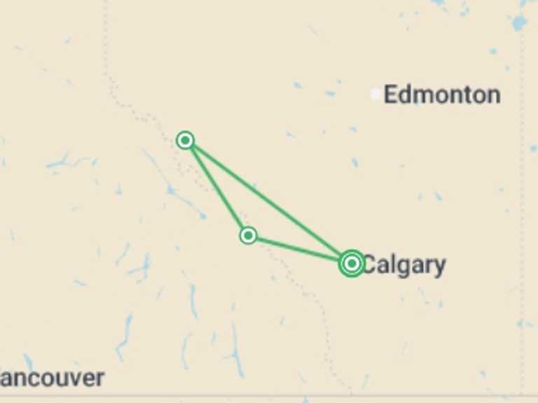 Map of Canada Tour with 3 destination visits for the trip: Canadian Rockies Express: 6-Day Adventure