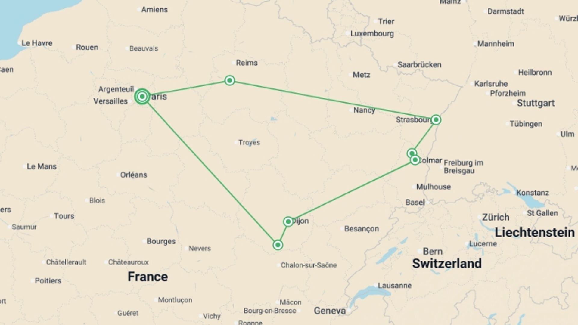 A map showing the tour itinerary for the trip: Charms of Burgundy and Alsace, starting in Paris, France and ending in Paris, France going through 2 other destinations.
