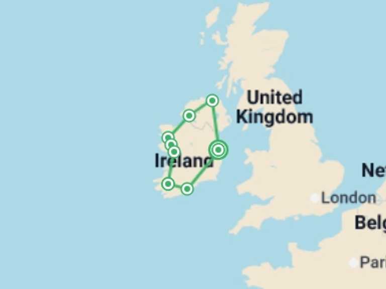 Map itinerary of Ireland Tour in August 2026 with 9 destination visits for the trip: Ireland Encompassed - 11 days