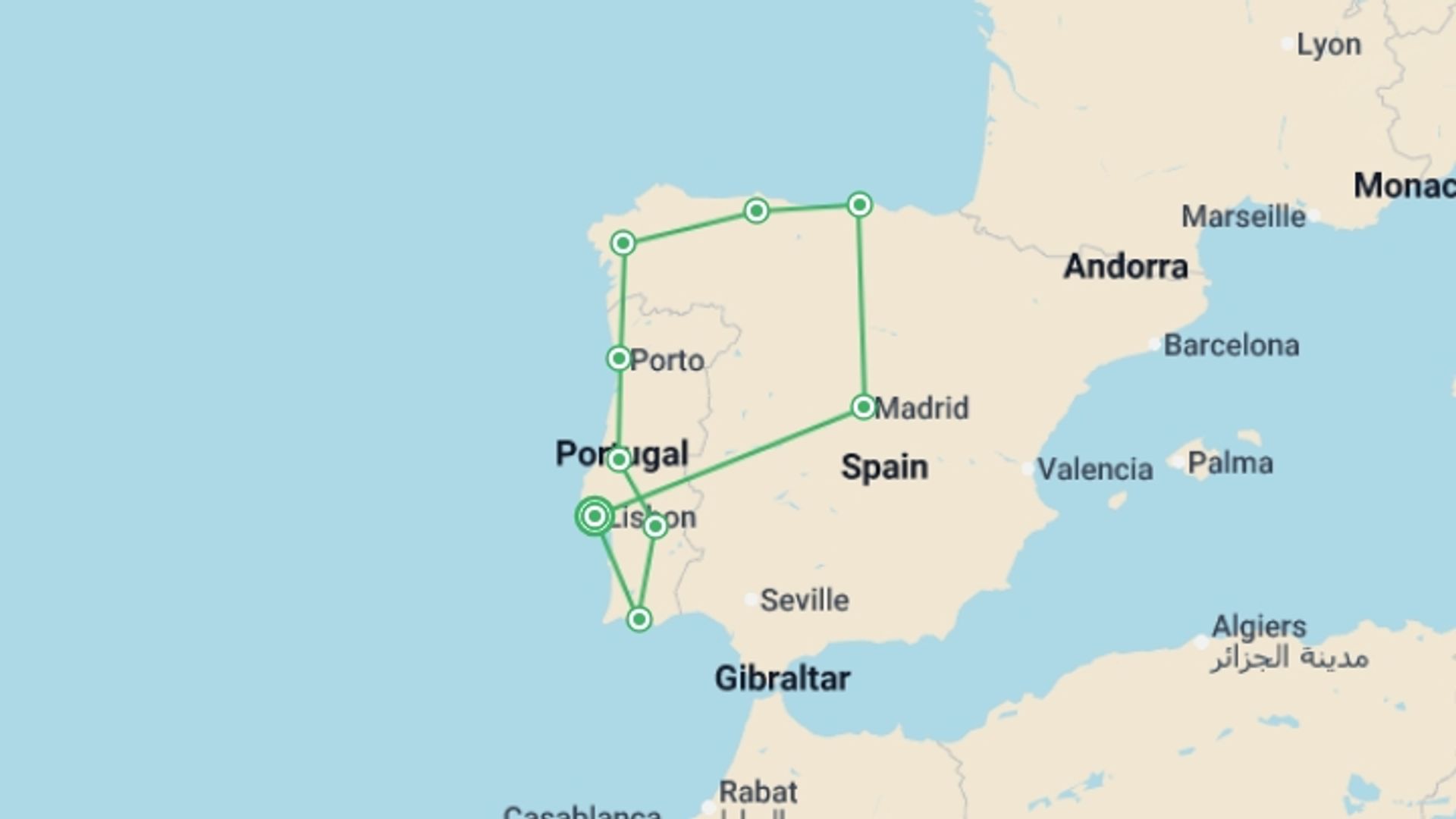 A map showing the tour itinerary for the trip: Complete Portugal and Northern Spain end Lisbon, starting in Lisbon, Portugal and ending in Lisbon, Portugal going through 8 other destinations.
