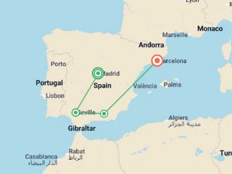 Map of 9-Day Europe Tour with 4 destination visits for the trip: Spanish Experience