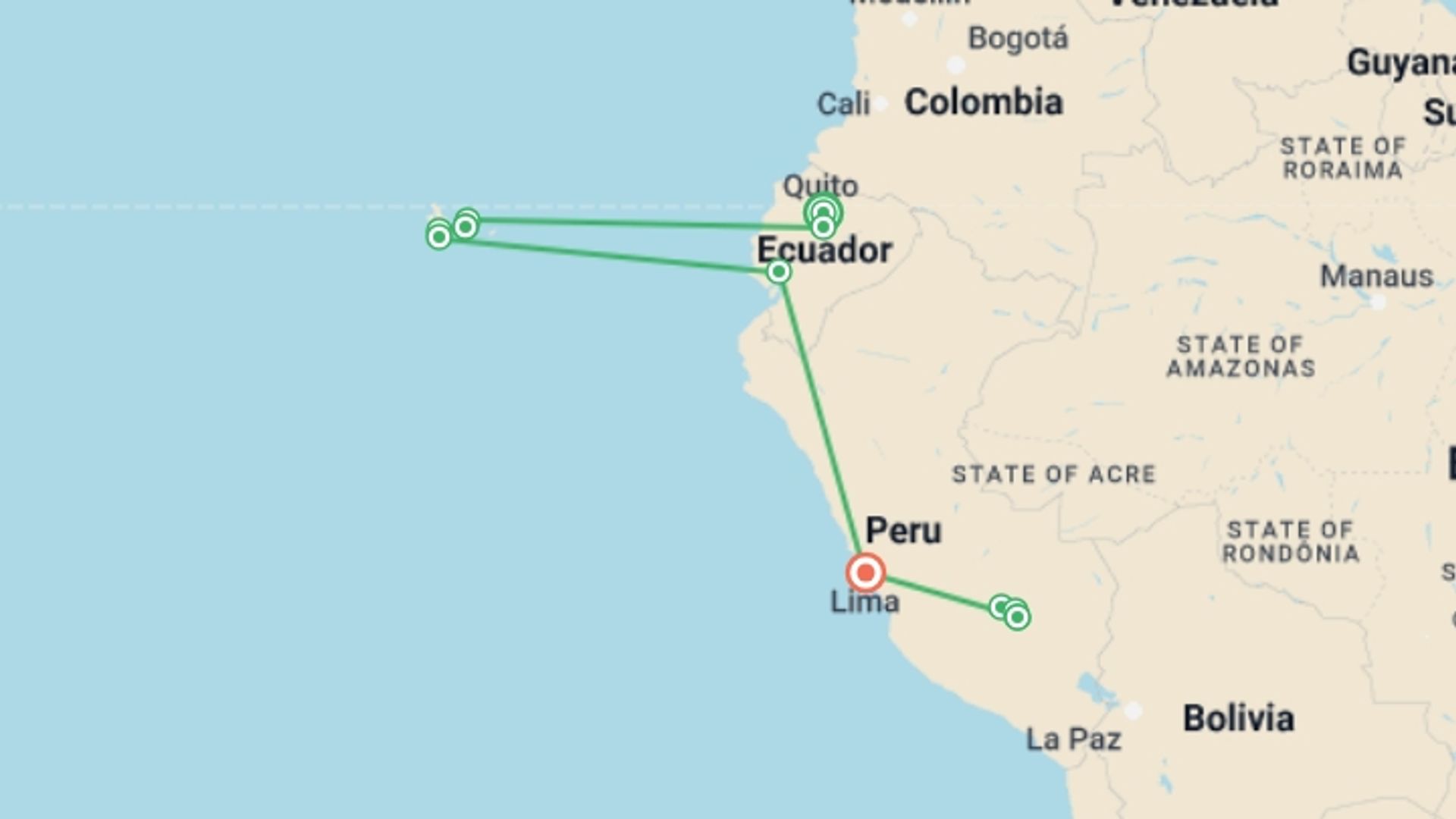 A map showing the tour itinerary for the trip: 14 Day Trip: Galapagos & Machu Picchu, starting in Quito, Ecuador and ending in Lima, Peru going through 9 other destinations.