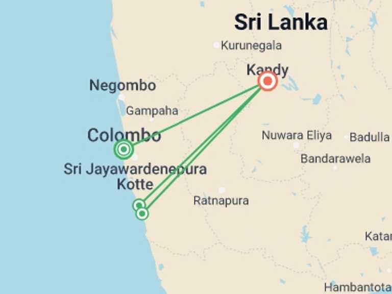 Map itinerary of Sri Lanka Tour in October 2026 with 4 destination visits for the trip: Wonders of Sri Lanka