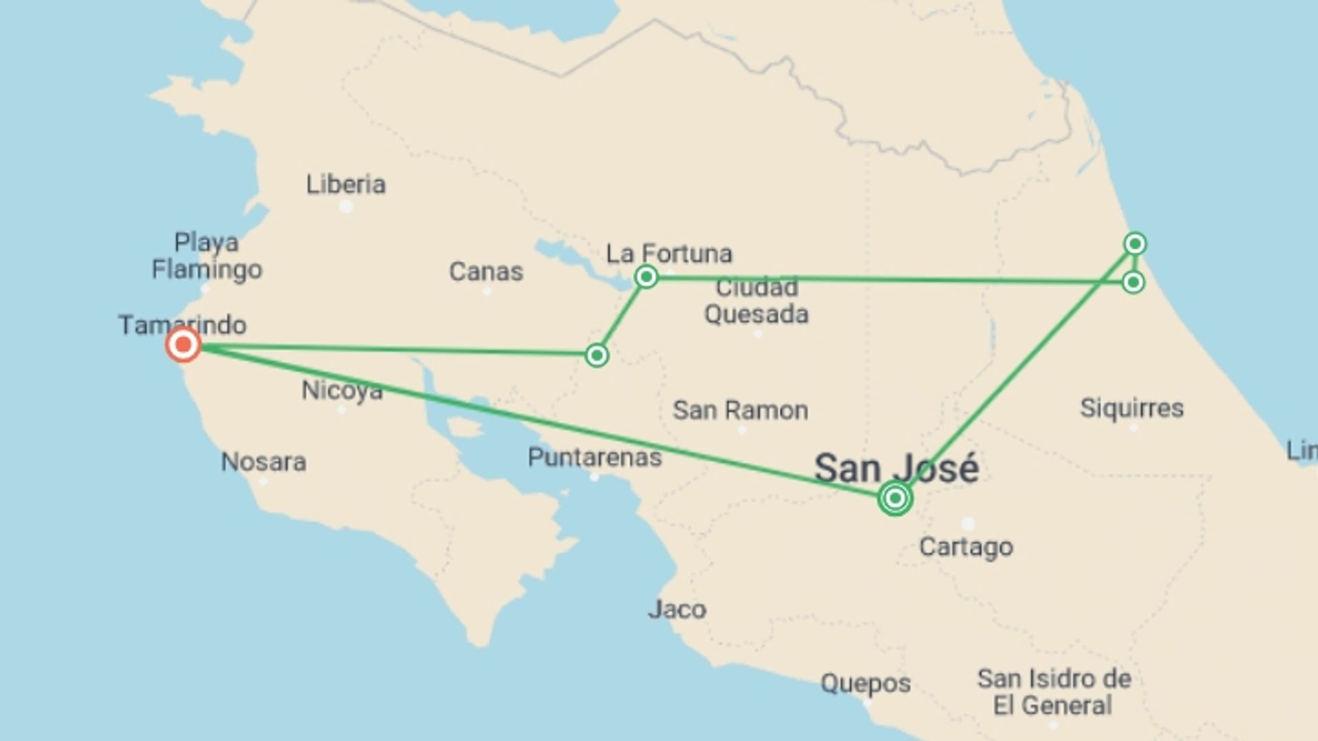 A map showing the tour itinerary for the trip: Colorful Costa Rica, starting in San Jose, Costa Rica and ending in Tamarindo Beach, Costa Rica going through 6 other destinations.