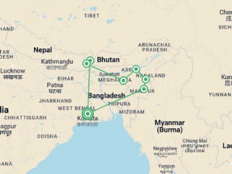 Map of a Adventure Tour with 7 destination visits for the trip: India Expedition: Sikkim, Assam & Nagaland