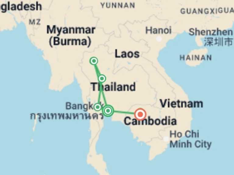 Map of Bangkok Sightseeing Tour with 8 destination visits for the trip: Thailand and the Temples of Angkor