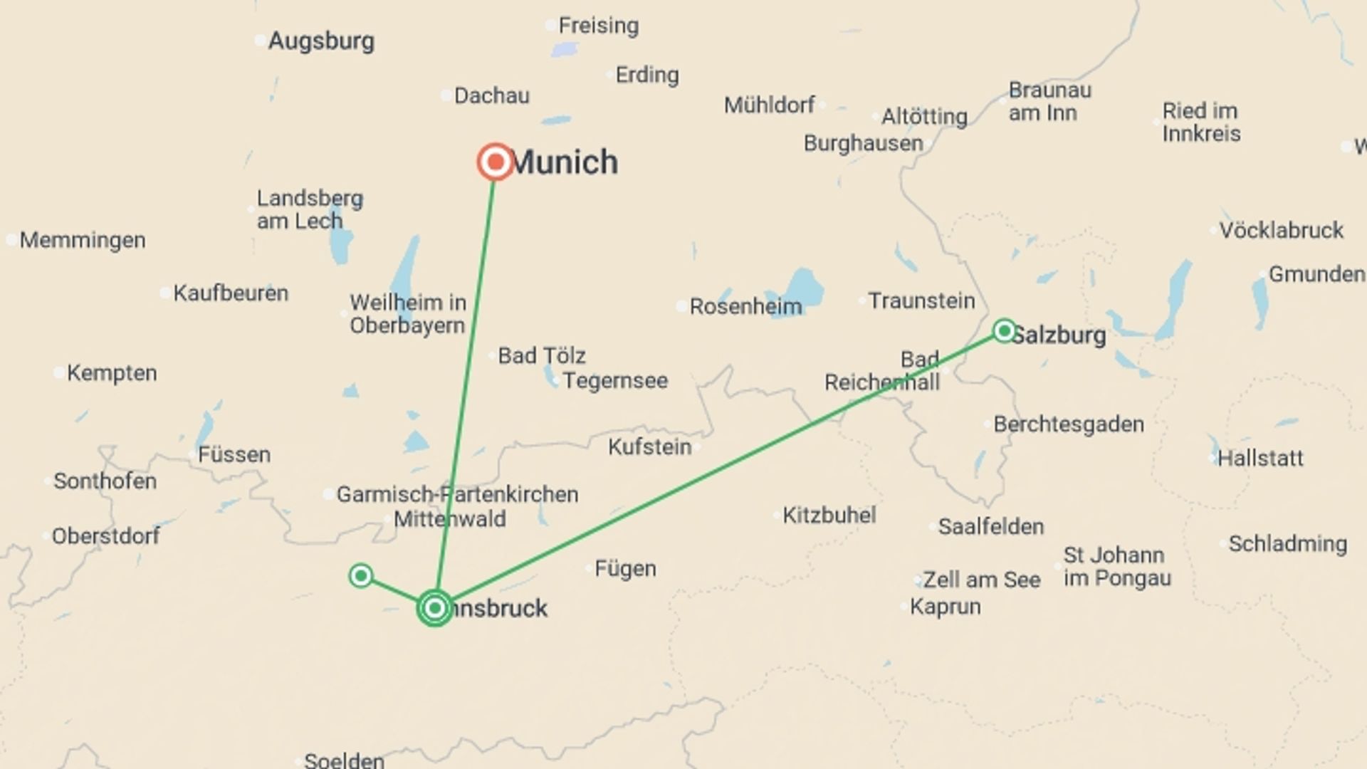 A map showing the tour itinerary for the trip: Magical Christmas Markets of Austria and Germany, starting in Innsbruck, Austria and ending in Munich, Germany going through 2 other destinations.