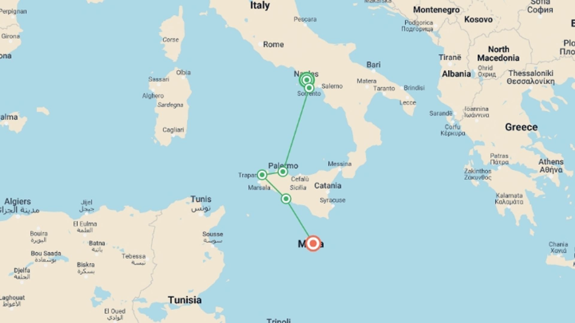 A map showing the tour itinerary for the trip: The Best Spots in Sicily and Southern Italy (port-to-port cruise), starting in Naples, Italy and ending in Valletta, Malta going through 4 other destinations.