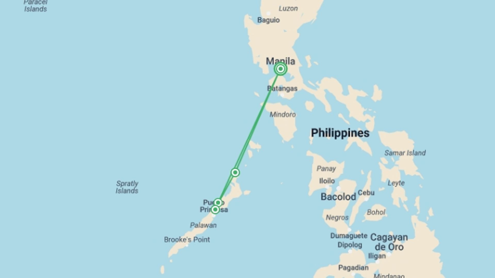 A map showing the tour itinerary for the trip: Islands of the Philippines, starting in Manila, Philippines and ending in Manila, Philippines going through 3 other destinations.