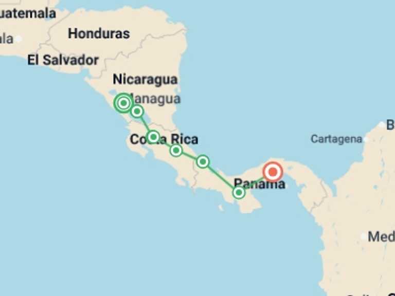 Map of Panama City Cultural, religious and historic sites Tour with 9 destination visits for the trip: Cycle Nicaragua to the Panama Canal