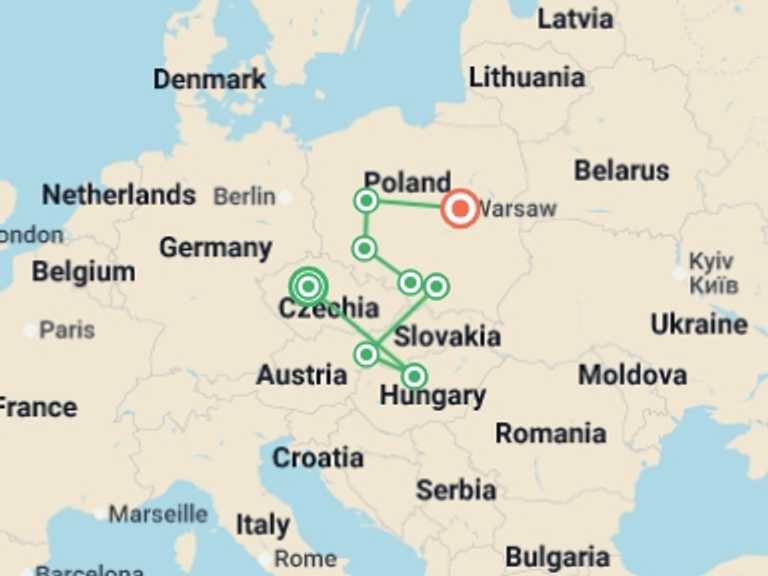 Map of Krakow Explorer Tour with 6 destination visits for the trip: Czech Republic, Budapest, and Heart of Poland