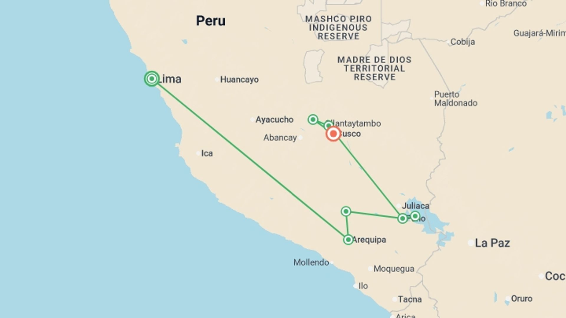 A map showing the tour itinerary for the trip: Classic Peru, starting in Lima, Peru and ending in Cusco, Peru going through 7 other destinations.