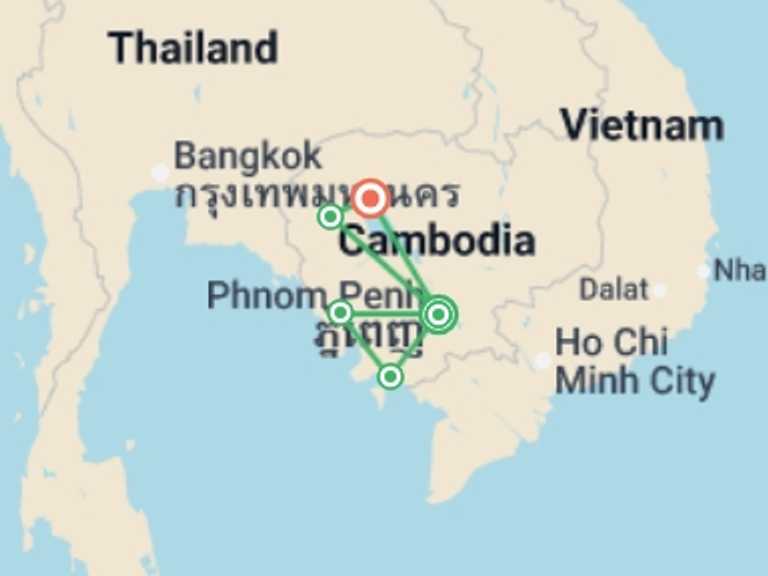 Map of Cambodia Tour with 5 destination visits for the trip: Cambodia Adventure