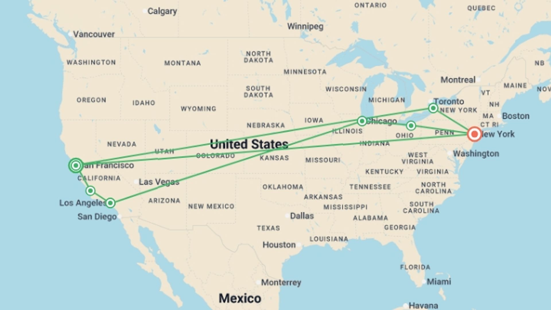 A map showing the tour itinerary for the trip: California Coast, Chicago, and NY, starting in San Francisco, USA and ending in New York, USA going through 5 other destinations.