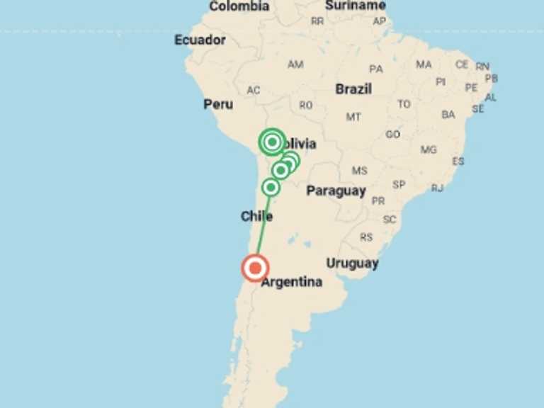 Map of Santiago Explorer Tour with 7 destination visits for the trip: South America: La Paz, Santiago & the Uyuni Salt Flats