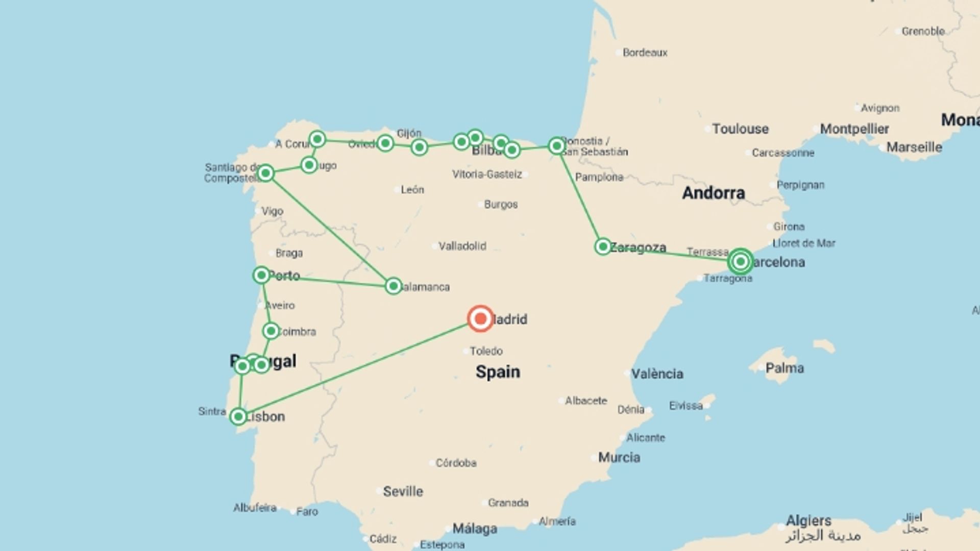 A map showing the tour itinerary for the trip: Barcelona, Northern Spain & Portugal (Superior) - 16 days, starting in Barcelona, Spain and ending in Madrid, Spain going through 8 other destinations.