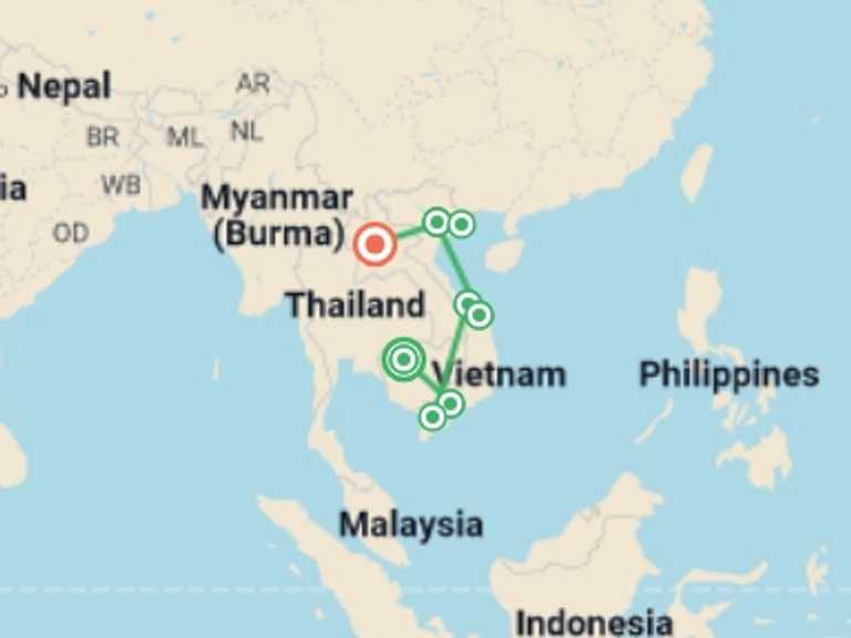 Map itinerary of Asia Tour in February 2027 with 9 destination visits for the trip: Inspiring Cambodia, Vietnam & Laos