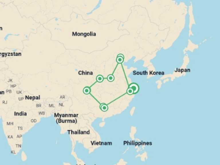 Map of China Tour with 10 destination visits for the trip: Essential China Adventure - 22 Days