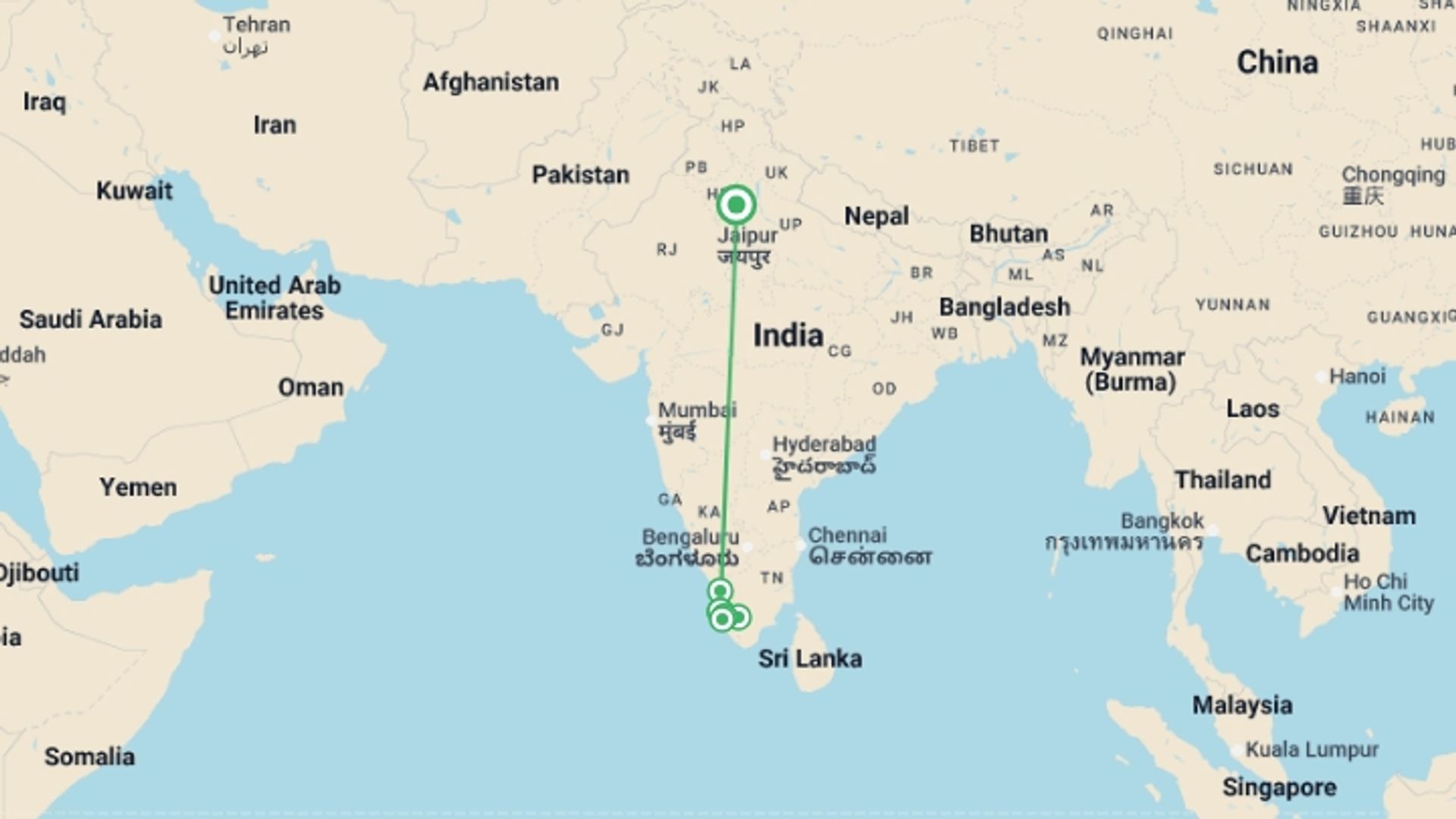 A map showing the tour itinerary for the trip: Signature India | Between Spices & Backwaters, starting in Delhi & Golden Triangle, India and ending in Delhi & Golden Triangle, India going through 5 other destinations.