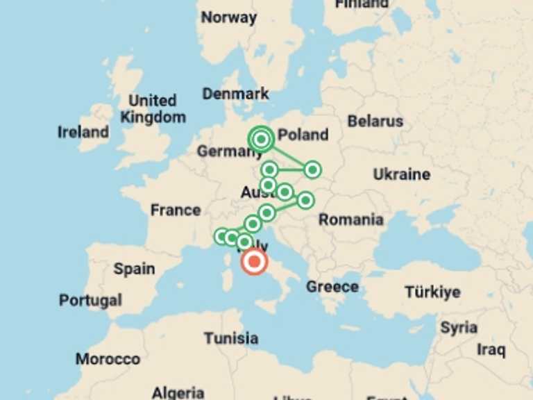 Map itinerary of Cesky Krumlov Tour in August 2026 with 12 destination visits for the trip: Berlin to Rome