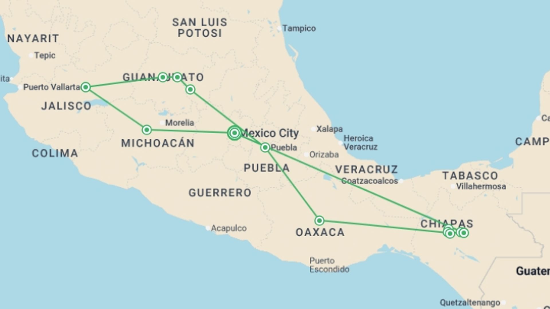 A map showing the tour itinerary for the trip: Mexican dream, starting in Mexico City, Mexico and ending in Mexico City, Mexico going through 8 other destinations.