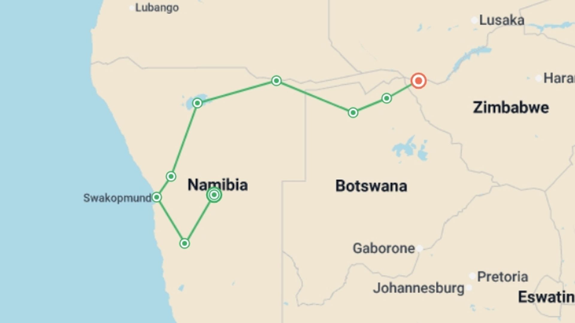 A map showing the tour itinerary for the trip: Etosha, Okavango & Chobe - 14 days, starting in Windhoek, Namibia and ending in Victoria Falls, Zimbabwe going through 7 other destinations.