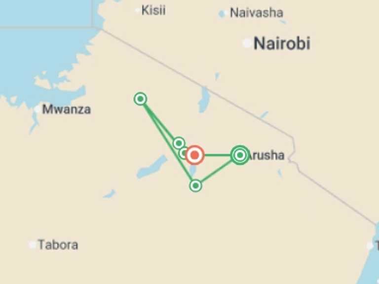 Map itinerary of Tanzania Tour in May 2026 with 6 destination visits for the trip: Tanzania Wildlife Week - 7 days