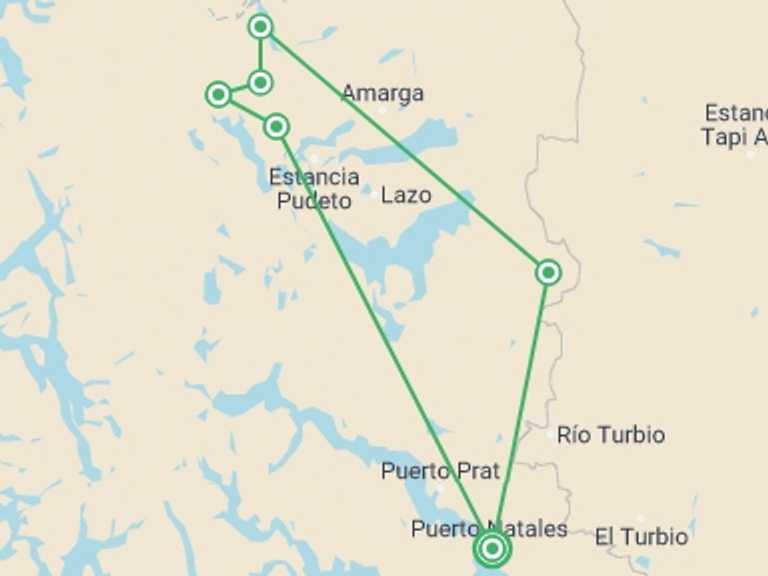 Map itinerary of Chile Tour in Fall with 6 destination visits for the trip: Patagonia: Torres del Paine Full O Circuit