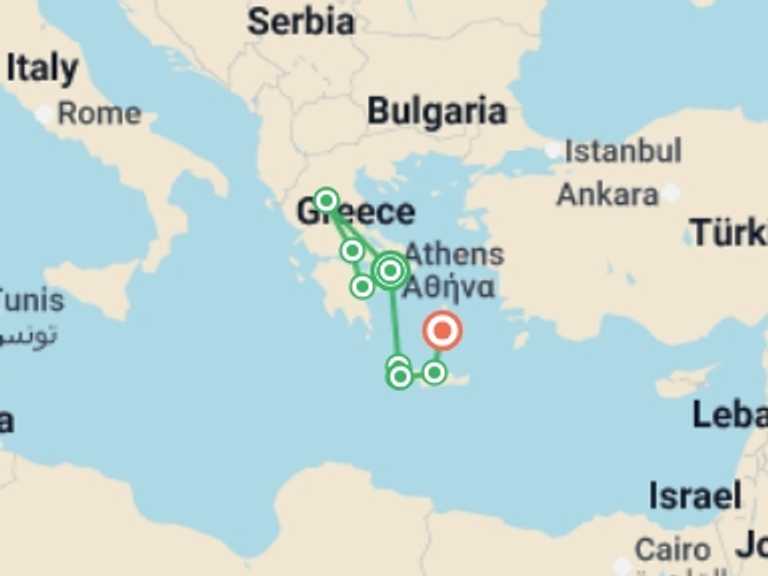 Map of Mediterranean Tour with 9 destination visits for the trip: Best of Greece