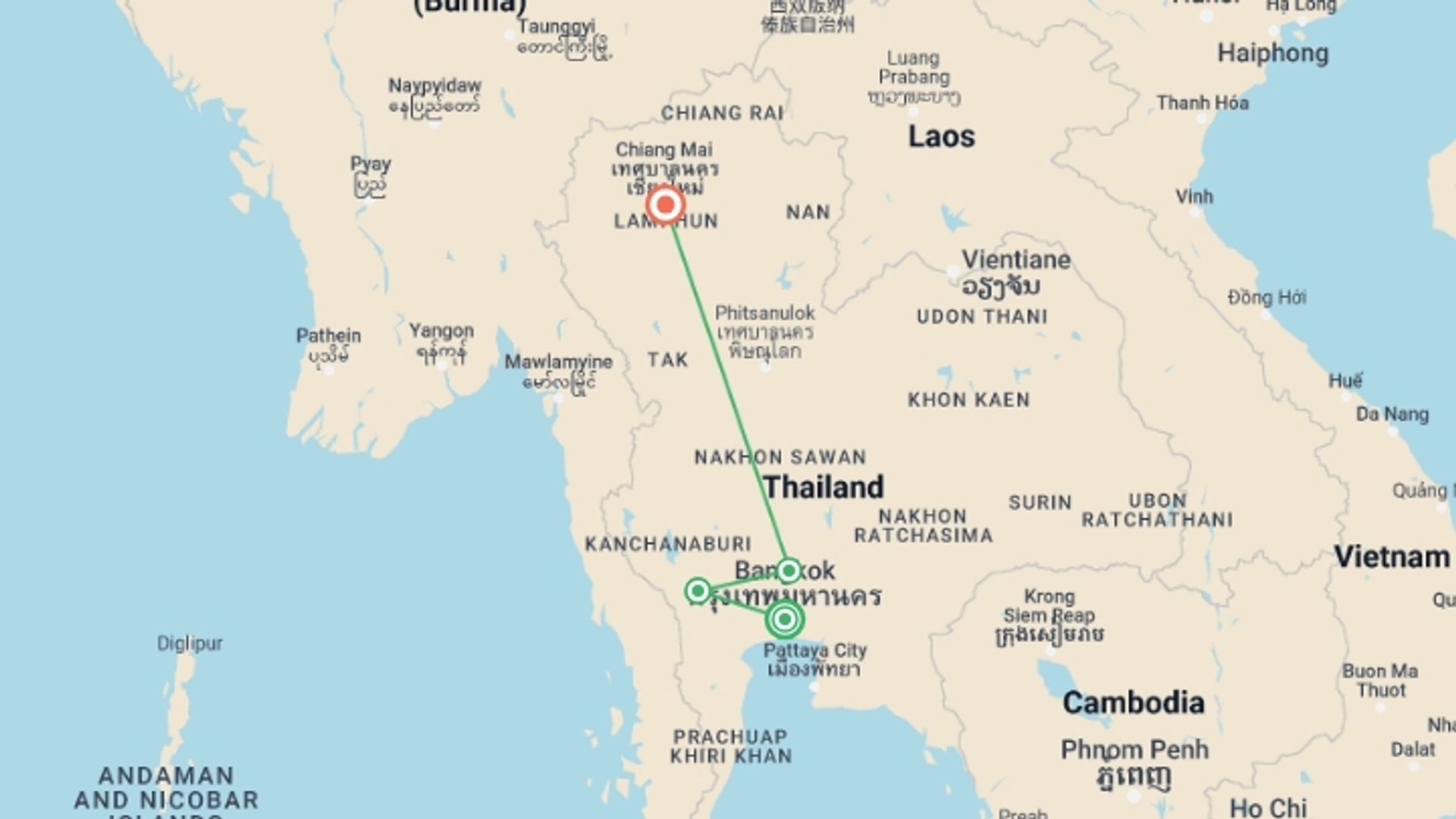 A map showing the tour itinerary for the trip: Thailand Real Food Adventure, starting in Bangkok, Thailand and ending in Chiang Mai, Thailand going through 2 other destinations.