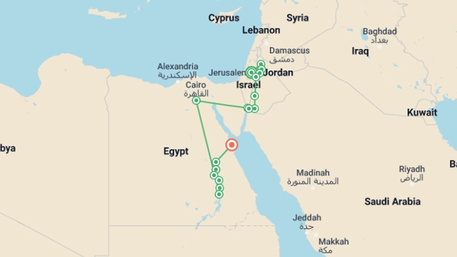 A map showing the tour itinerary for the trip: Jerusalem, Jordan and Eternal Egypt with Hurghada, starting in Jerusalem, Israel and ending in Hurghada, Egypt going through 8 other destinations.