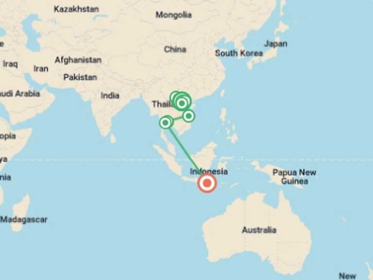 Map of a Explorer Tour with 10 destination visits for the trip: Spirit of Southeast Asia - 16 days