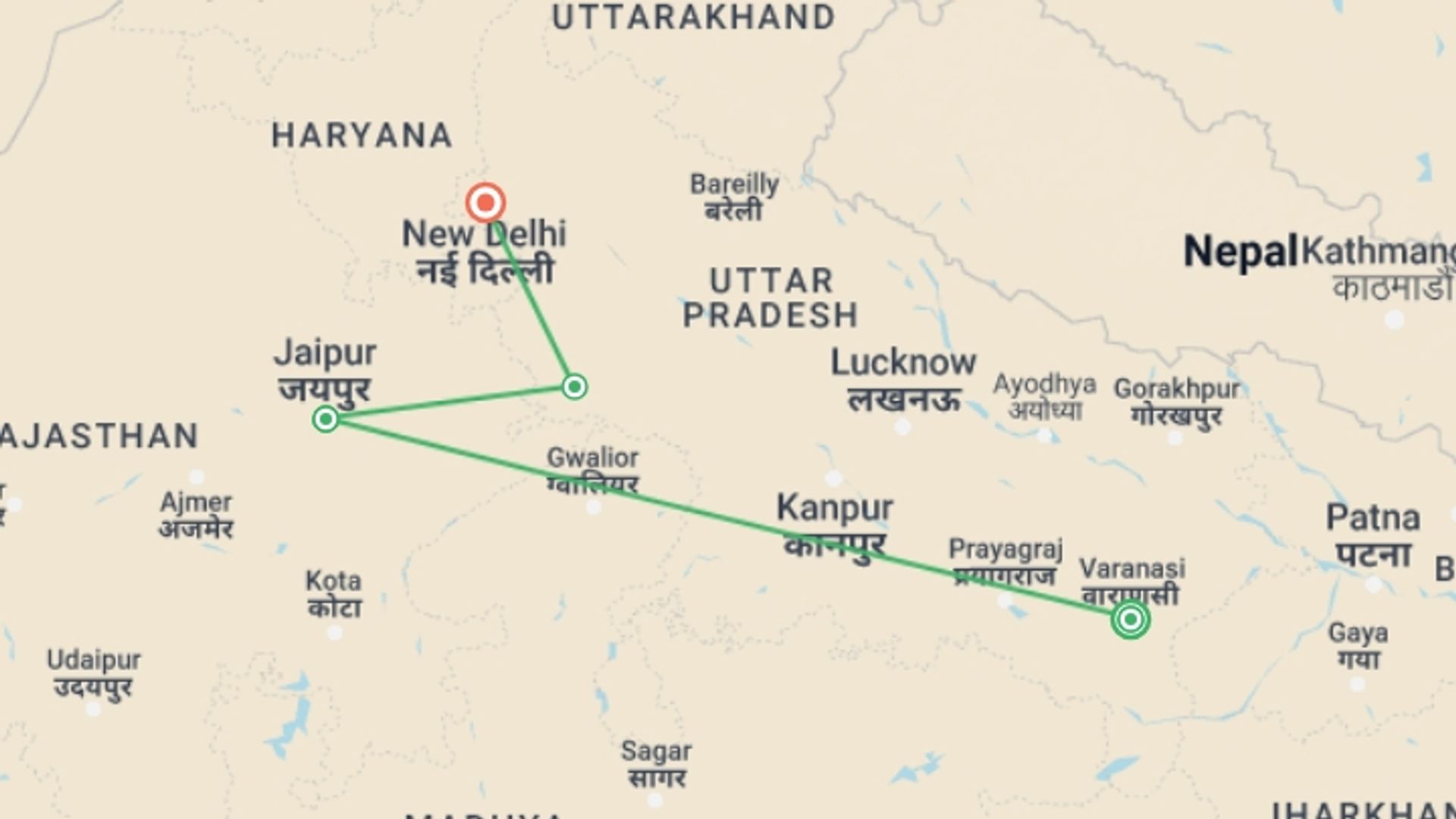 A map showing the tour itinerary for the trip: 8 Days Private Golden Triangle with Varanasi, starting in Varanasi, India and ending in New Delhi, India going through 3 other destinations.