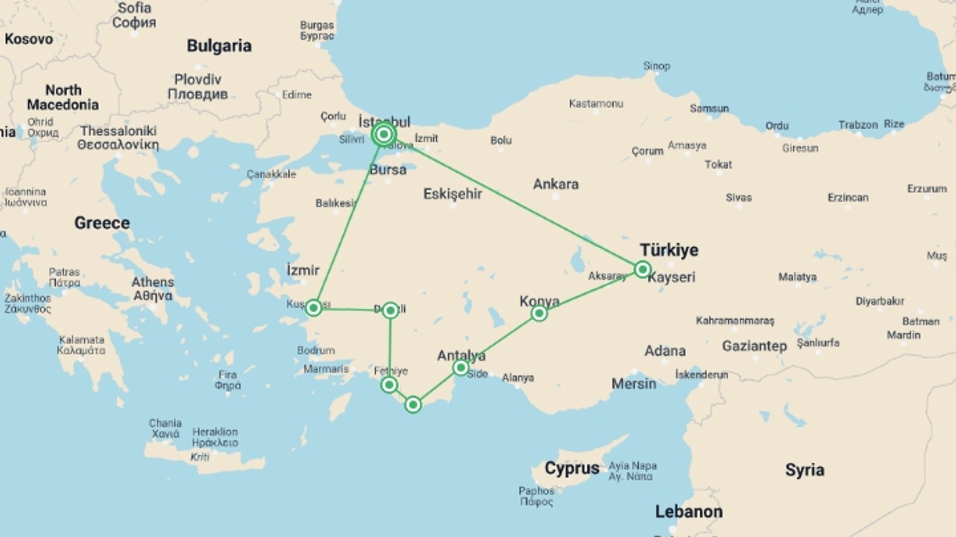 A map showing the tour itinerary for the trip: Best of Turkey, starting in Istanbul, Turkey and ending in Istanbul, Turkey going through 7 other destinations.