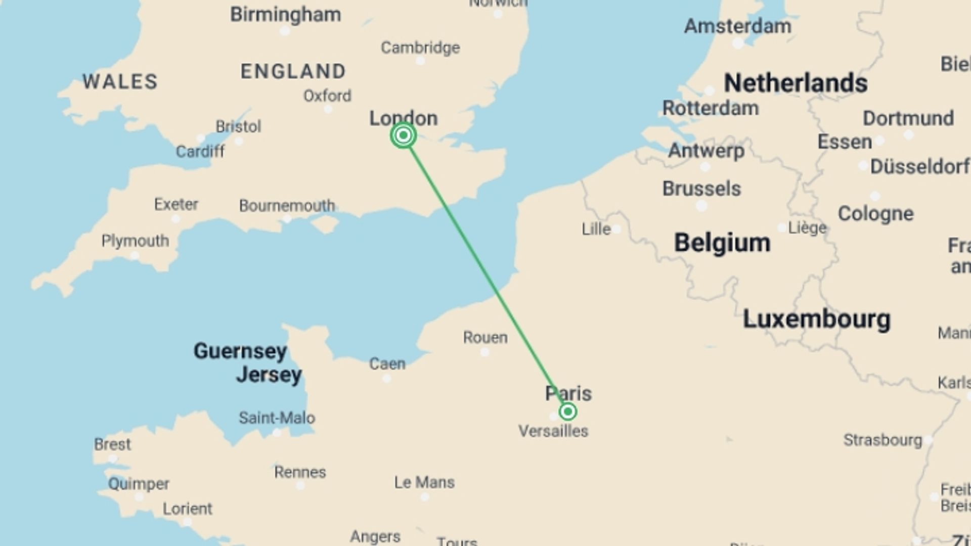A map showing the tour itinerary for the trip: Paris for Christmas, starting in London, England and ending in London, England going through 1 other destinations.