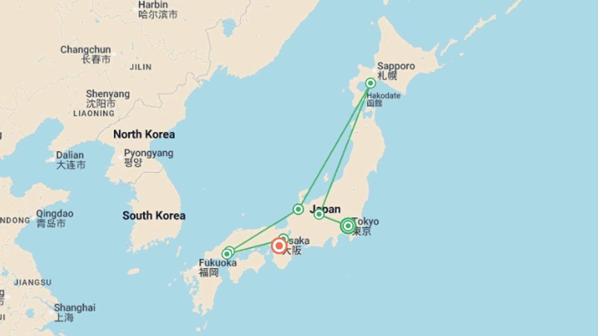 A map showing the tour itinerary for the trip: Simply Japan, starting in Tokyo, Japan and ending in Osaka, Japan going through 6 other destinations.
