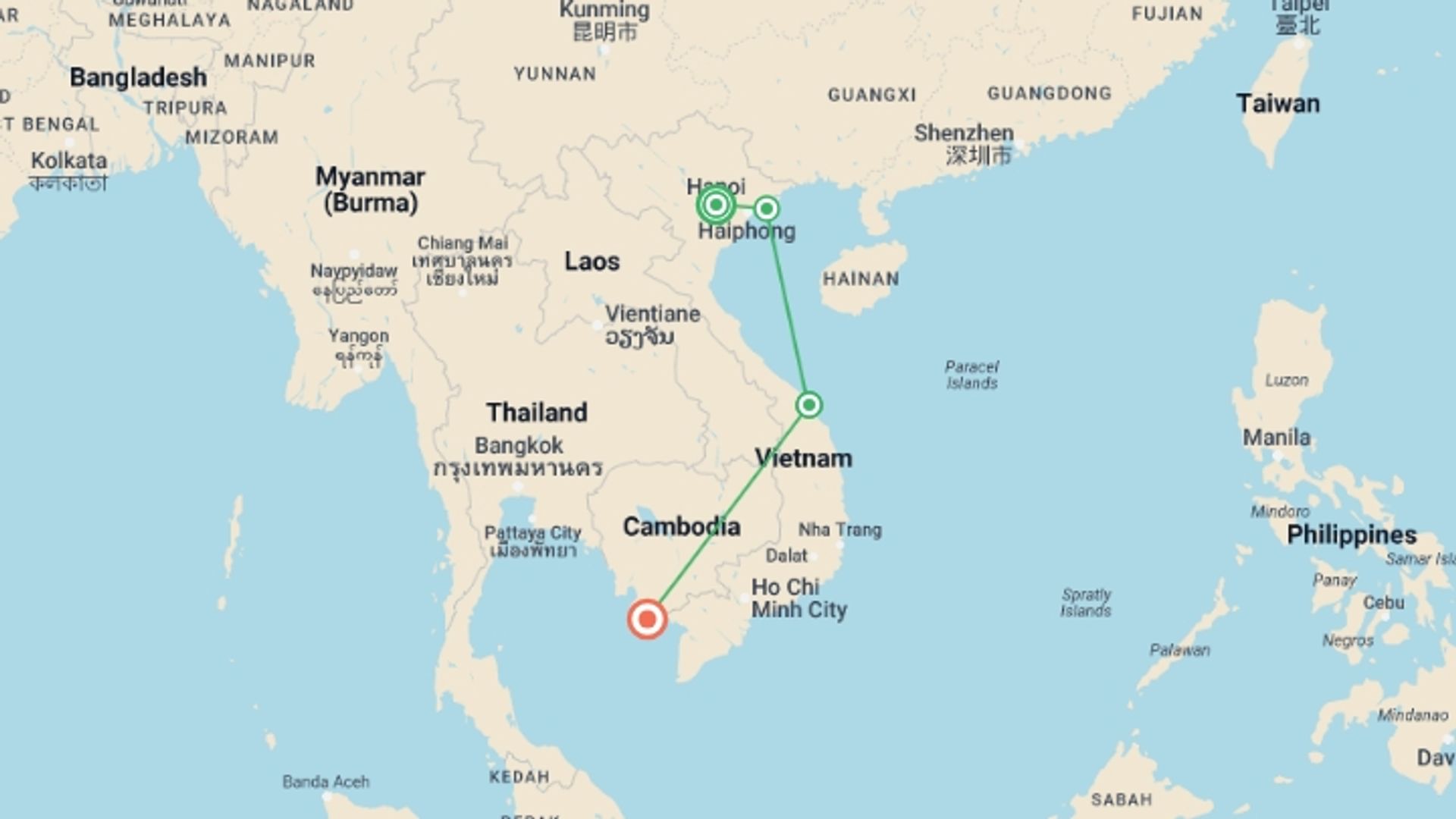 A map showing the tour itinerary for the trip: Romantic Vietnam in 10 Days:Culture, Cuisine, Beach Bliss, starting in Hanoi, Vietnam and ending in Phu Quoc Island, Vietnam going through 4 other destinations.