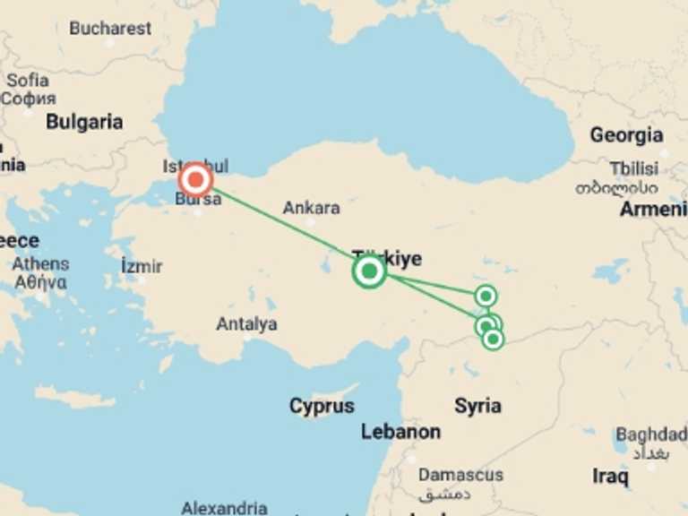 Map itinerary of Turkey Tour in September 2025 with 5 destination visits for the trip: Gobeklitepe and Mt Nemrut Tour