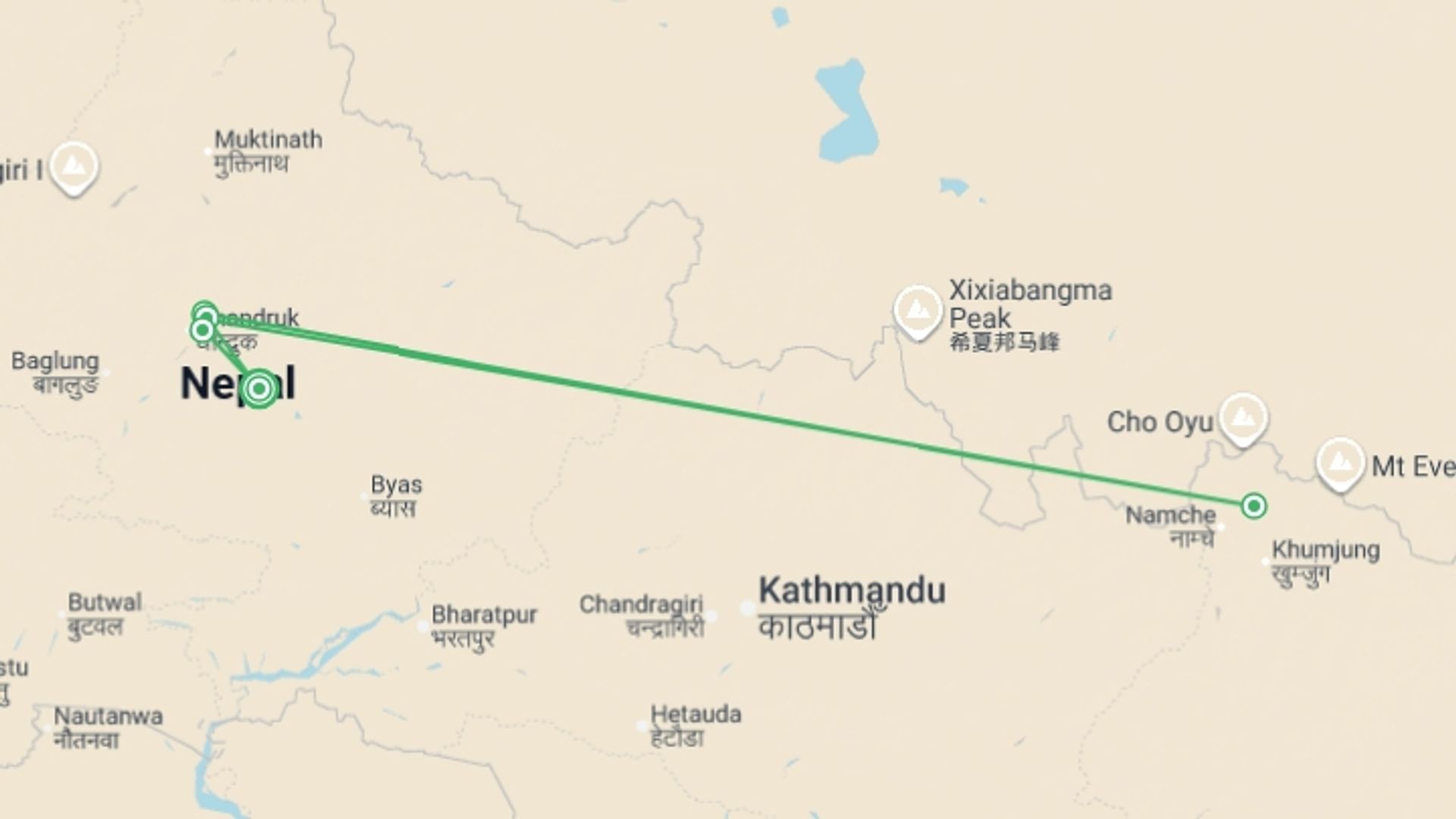 A map showing the tour itinerary for the trip: Mardi Himal Base Camp Trek | Sunrise & Mountain Views, starting in Pokhara, Nepal and ending in Pokhara, Nepal going through 5 other destinations.