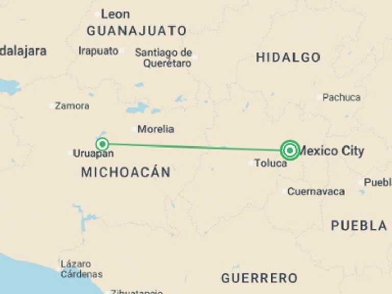 Map itinerary of North America Tour in Summer with 2 destination visits for the trip: Mexico City and the Heart of Michoacán