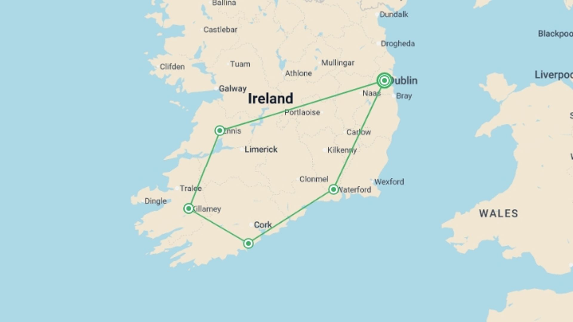 A map showing the tour itinerary for the trip: Corners of Southern Ireland, starting in Dublin, Ireland and ending in Dublin, Ireland going through 4 other destinations.